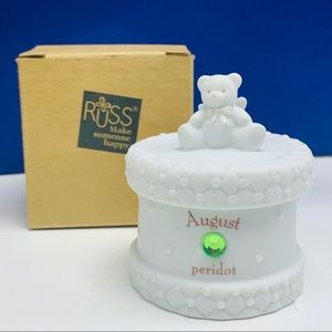 August Peridot teddy bear trinket box Russ Berrie
